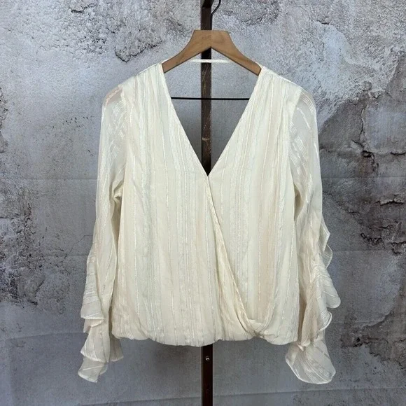 BCX ruffled sleeve shimmer top size L tonal pinstripe feminine wrap blouse Y2K - Picture 2 of 6